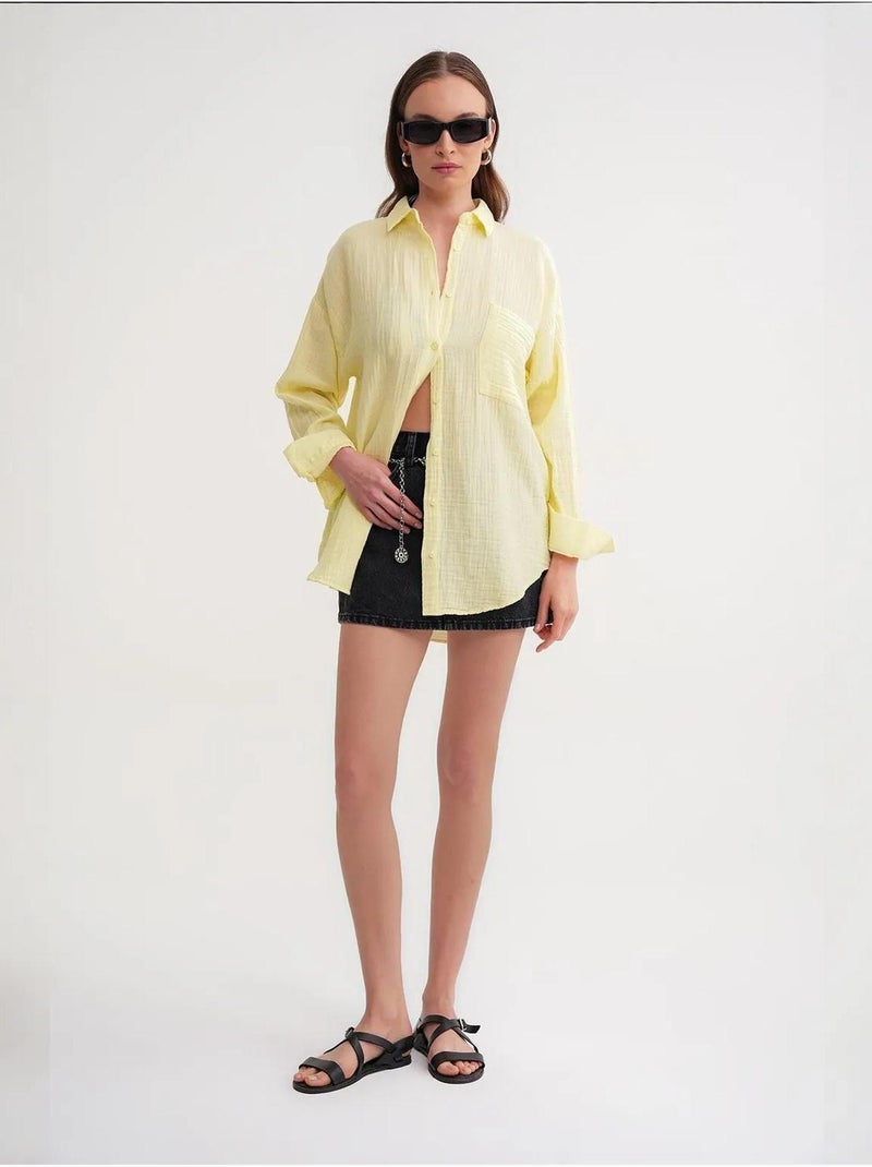 Chemise boutonnée en coton texturé avec poche mixray Ambre - Kiabi