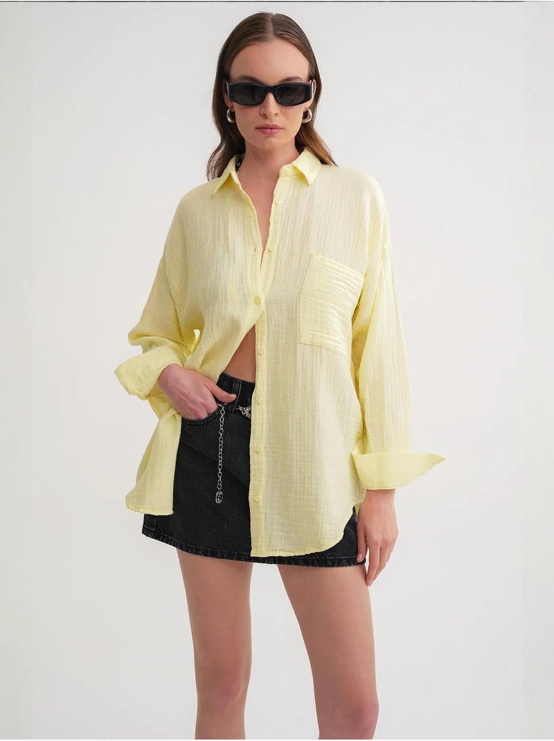 Chemise boutonnée en coton texturé avec poche mixray Ambre - Kiabi
