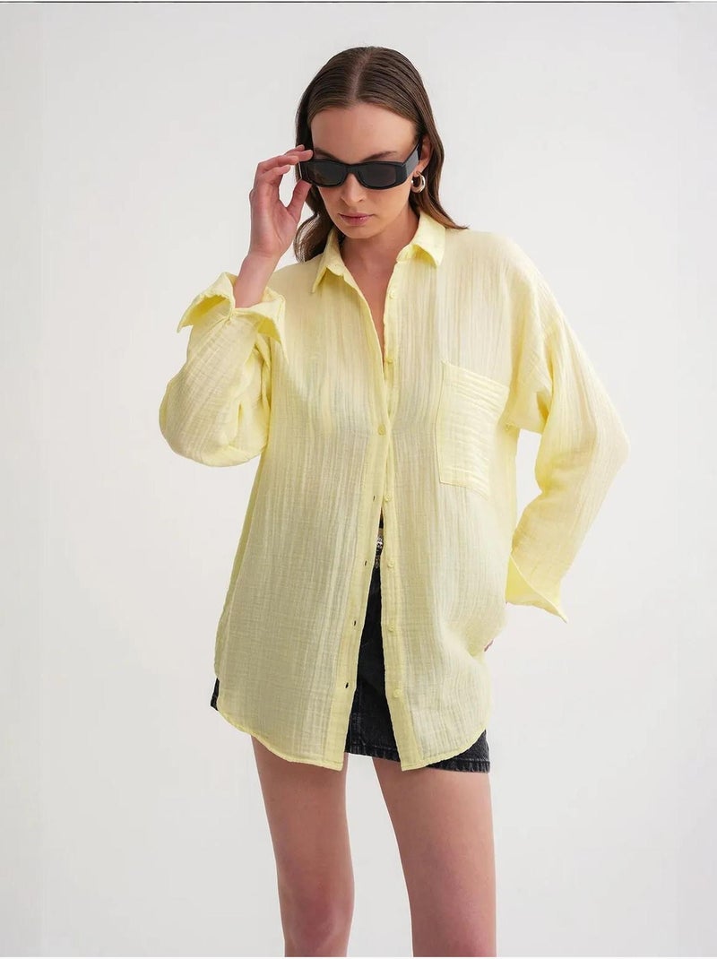 Chemise boutonnée en coton texturé avec poche mixray Ambre - Kiabi