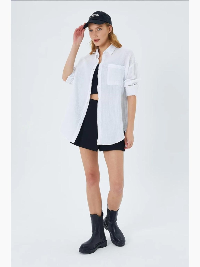 Chemise boutonnée en coton texturé avec poche mixray Blanc - Kiabi