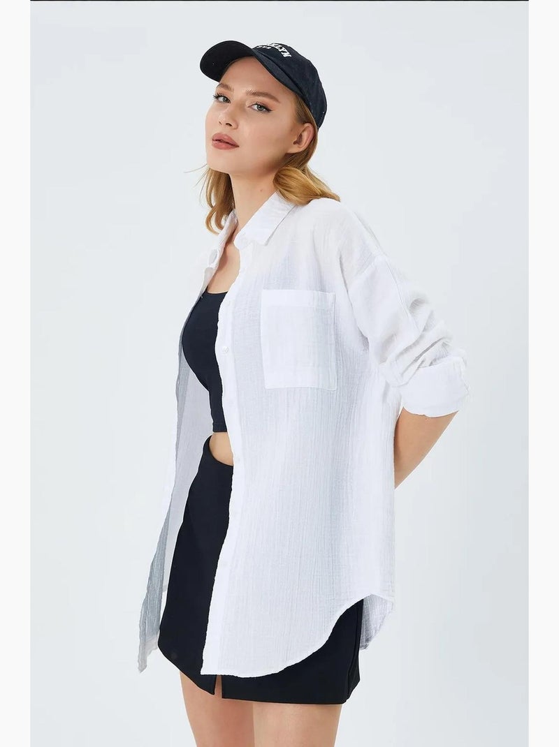 Chemise boutonnée en coton texturé avec poche mixray Blanc - Kiabi