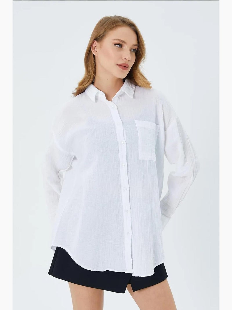 Chemise boutonnée en coton texturé avec poche mixray Blanc - Kiabi