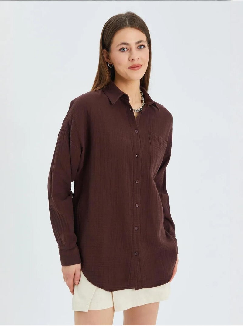 Chemise boutonnée en coton texturé avec poche mixray Marron clair - Kiabi