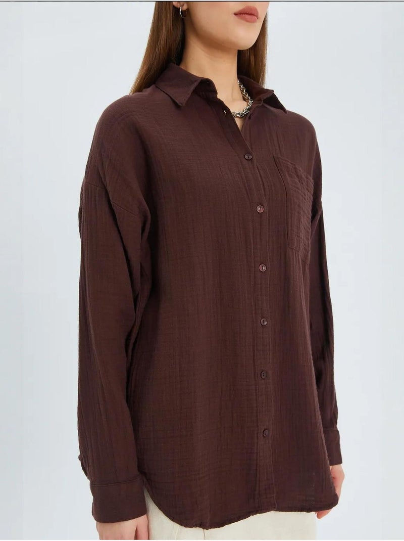 Chemise boutonnée en coton texturé avec poche mixray Marron clair - Kiabi