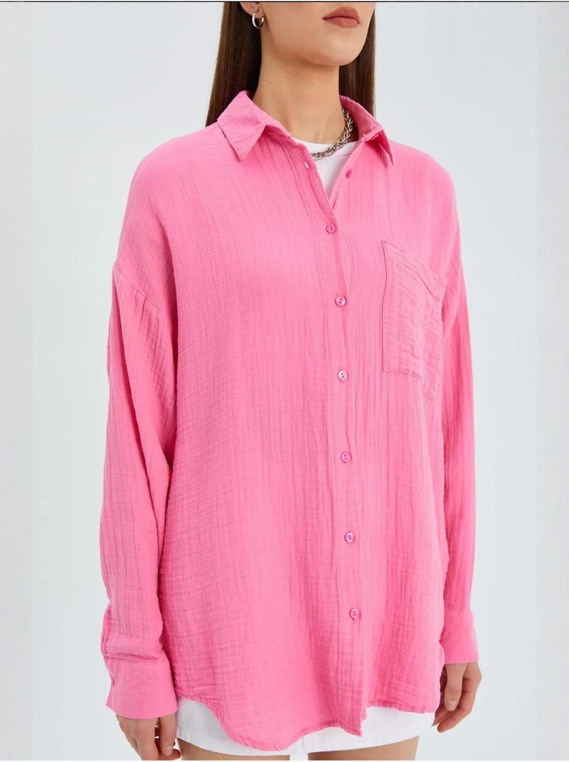 Chemise boutonnée en coton texturé avec poche mixray Rose fluo/Solinotes - Kiabi