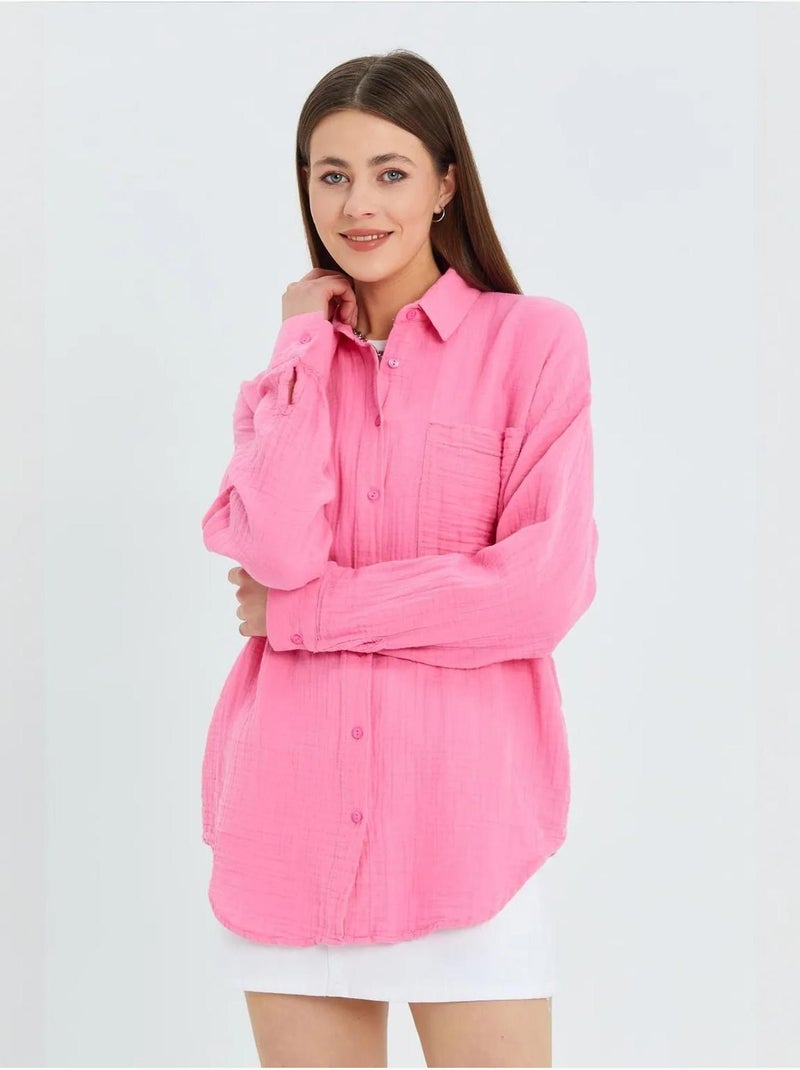 Chemise boutonnée en coton texturé avec poche mixray Rose fluo/Solinotes - Kiabi
