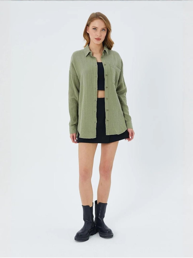 Chemise boutonnée en coton texturé avec poche mixray Vert pastel - Kiabi