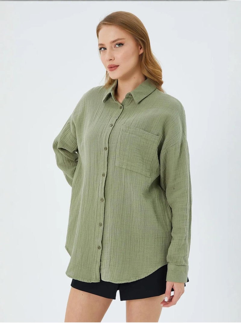 Chemise boutonnée en coton texturé avec poche mixray Vert pastel - Kiabi