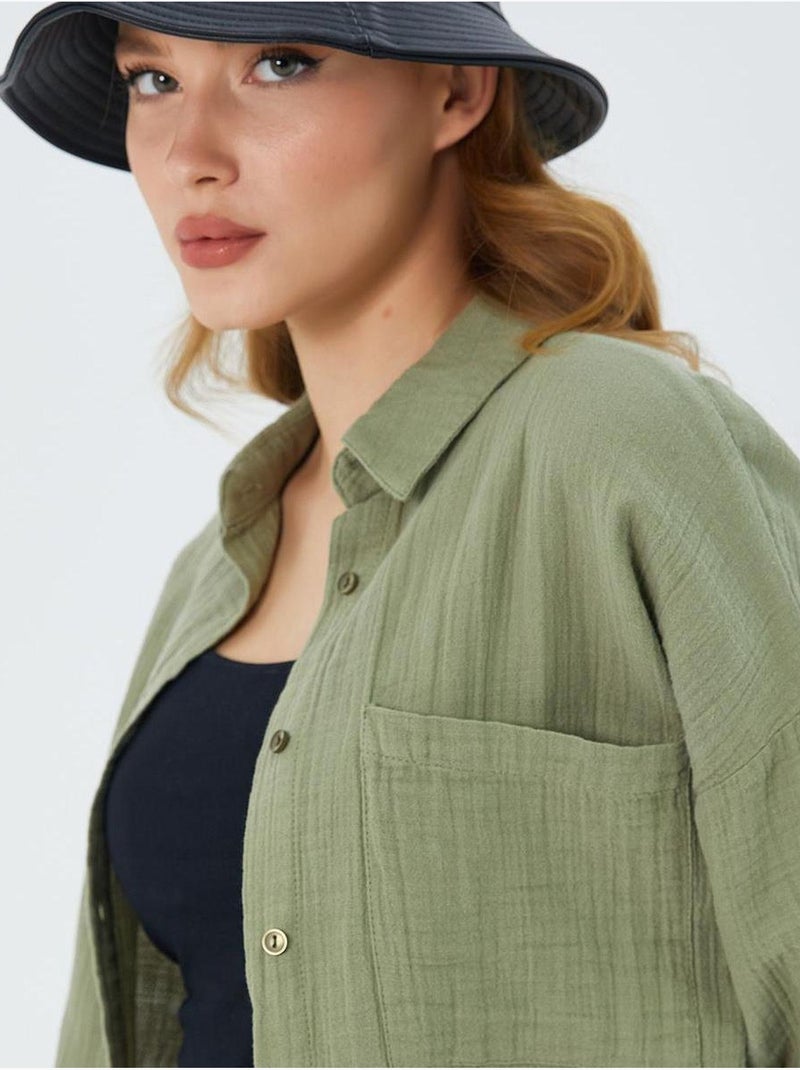 Chemise boutonnée en coton texturé avec poche mixray Vert pastel - Kiabi
