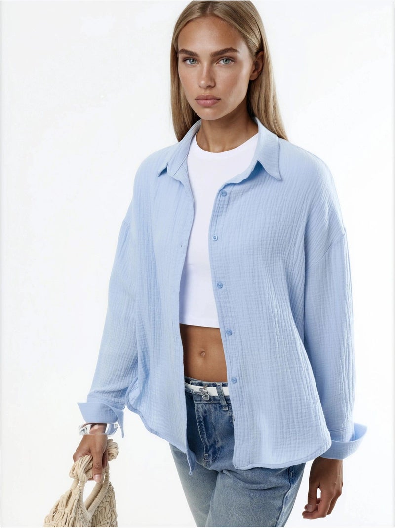 Chemise boutonnée en coton texturé busem Bleu ciel - Kiabi