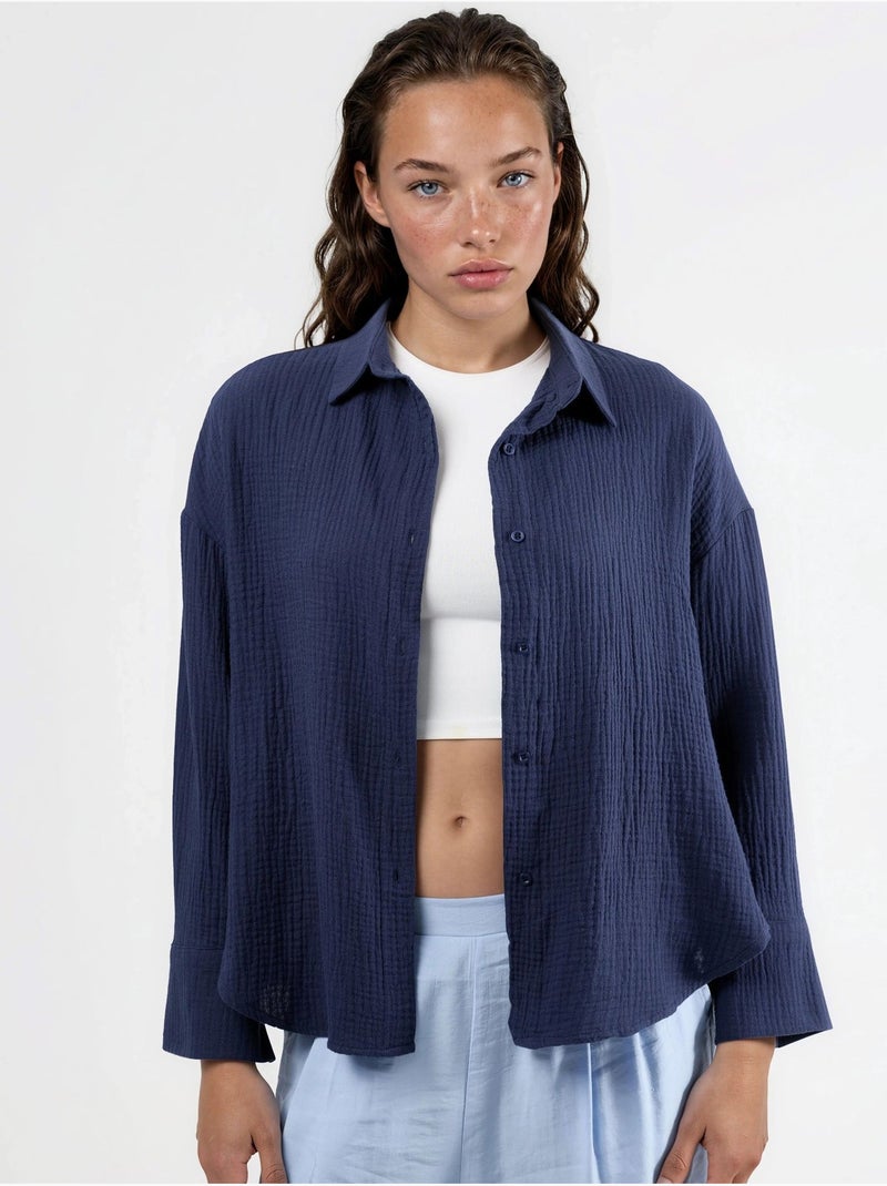 Chemise boutonnée en coton texturé busem Bleu marine - Kiabi