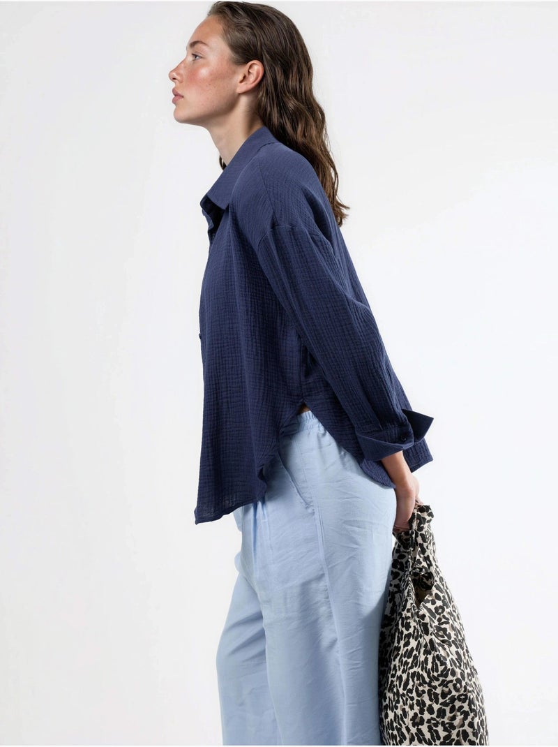 Chemise boutonnée en coton texturé busem Bleu marine - Kiabi