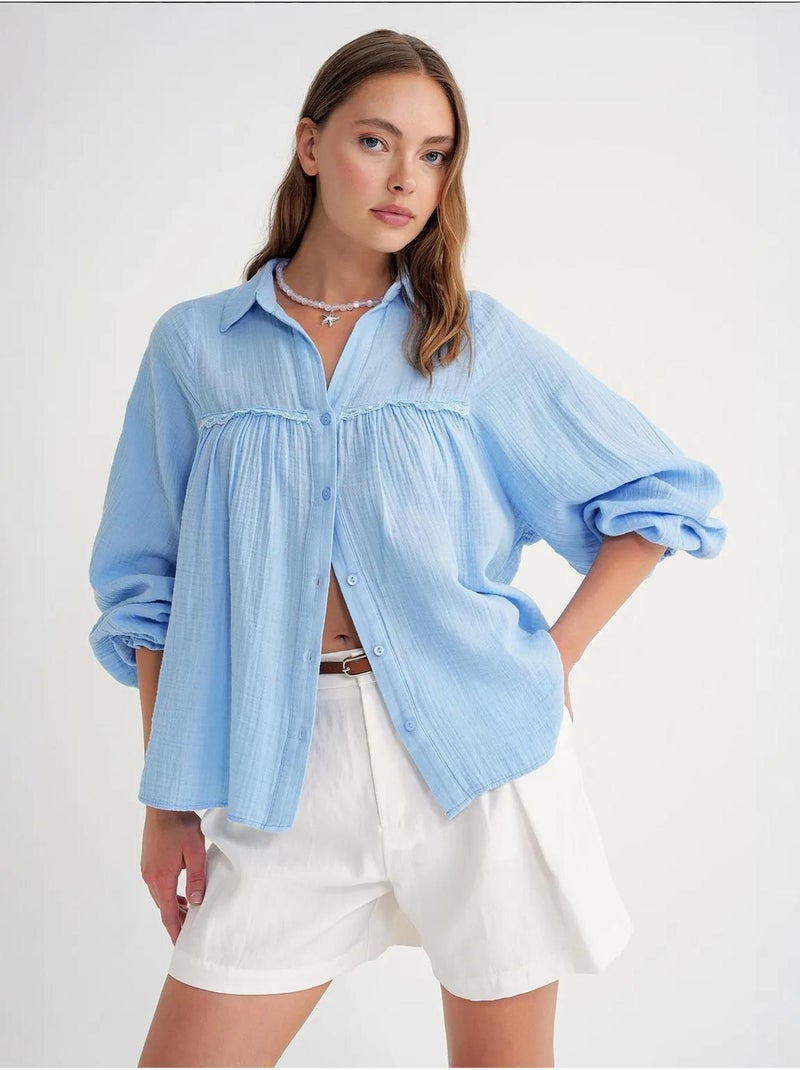 Chemise boutonnée en coton texturé mixray Bleu ciel - Kiabi