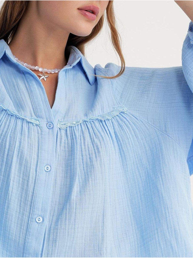 Chemise boutonnée en coton texturé mixray Bleu ciel - Kiabi