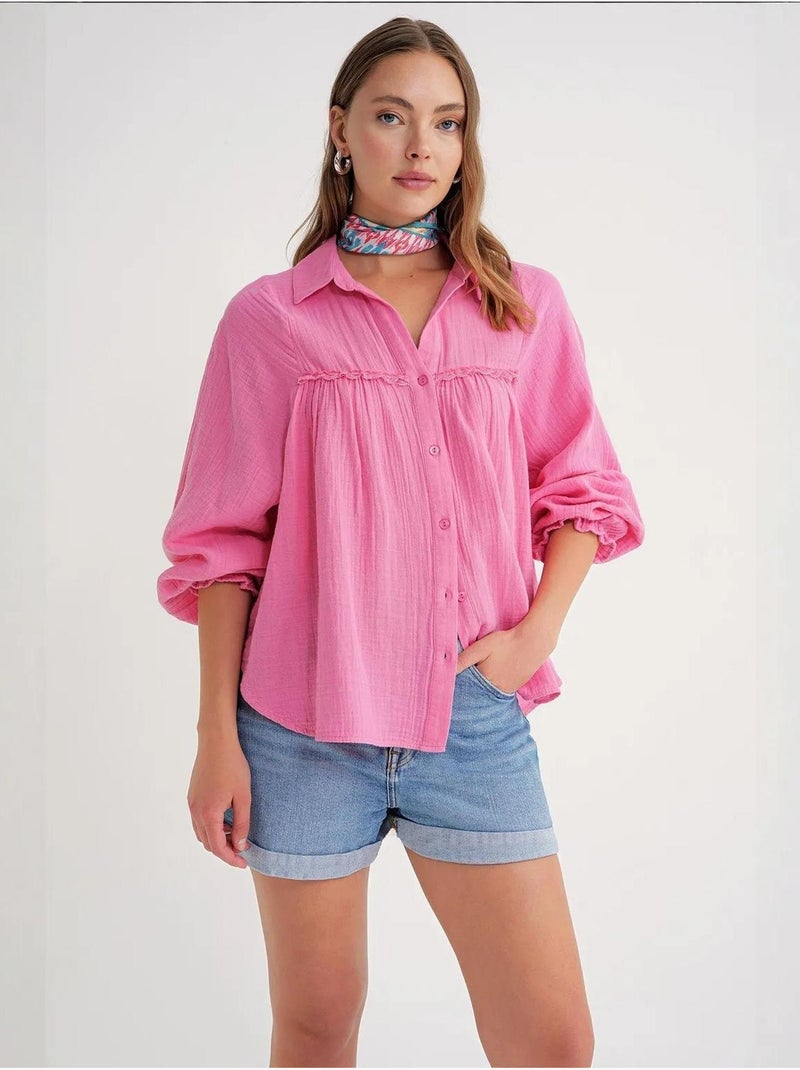Chemise boutonnée en coton texturé mixray Rose fluo/Solinotes - Kiabi