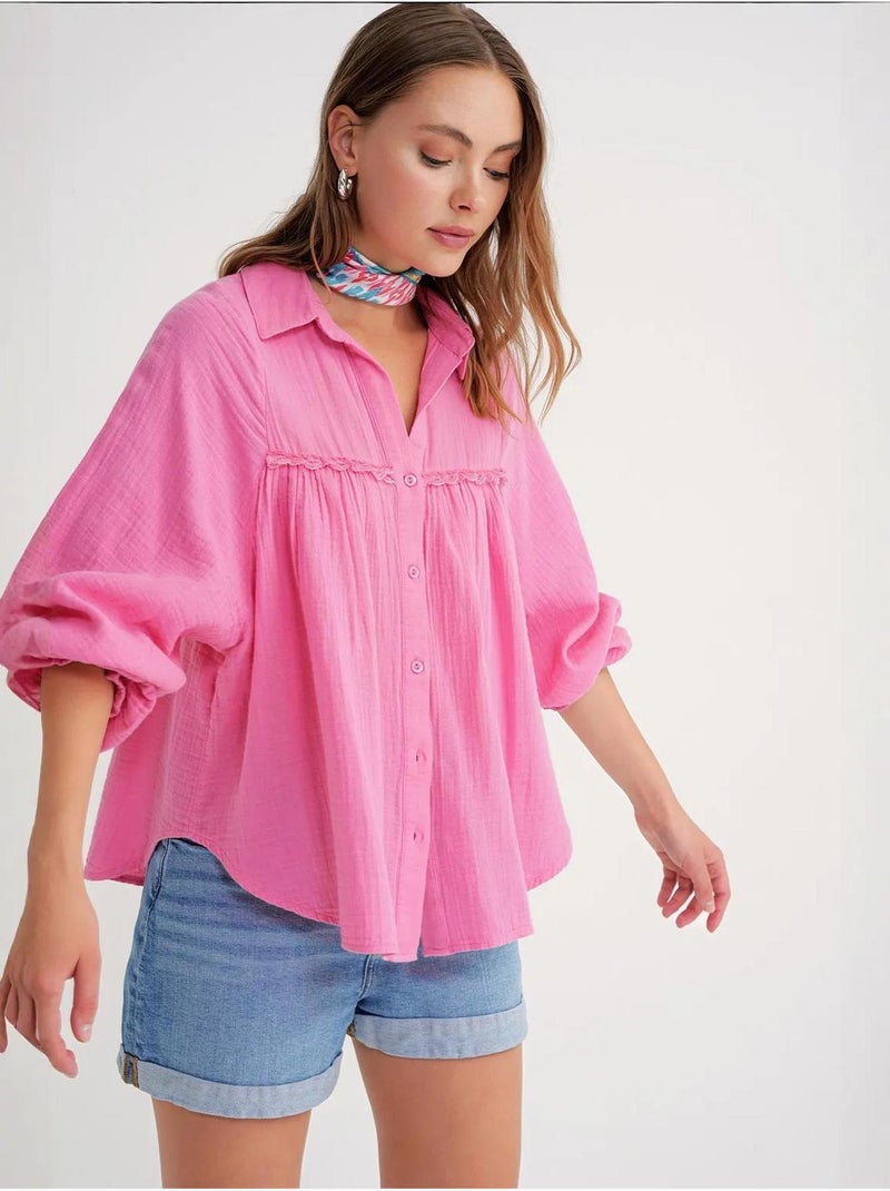 Chemise boutonnée en coton texturé mixray Rose fluo/Solinotes - Kiabi