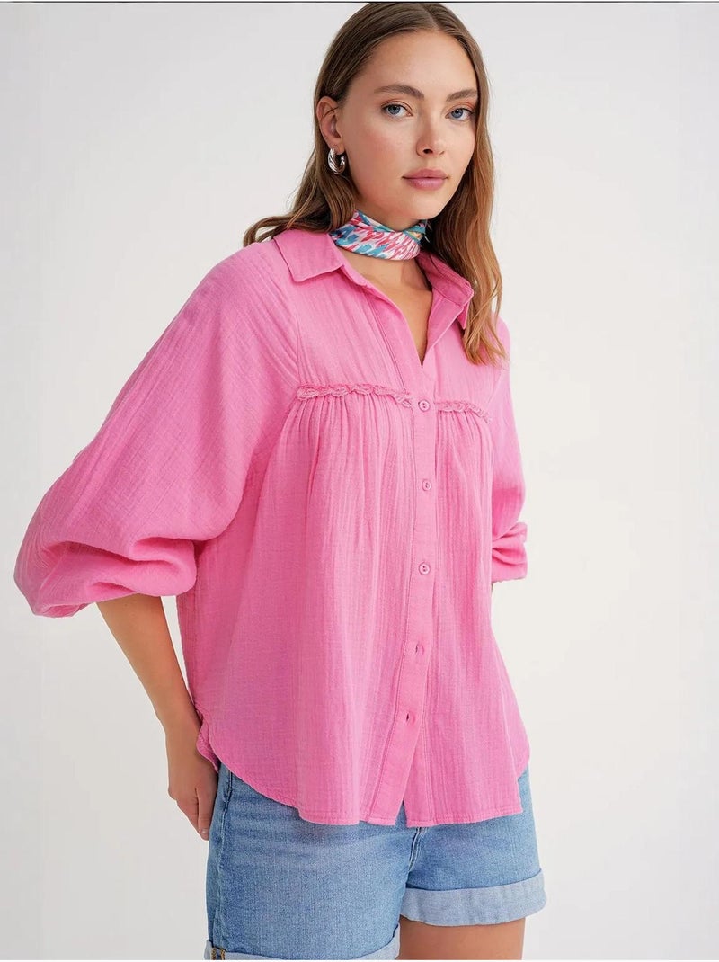 Chemise boutonnée en coton texturé mixray Rose fluo/Solinotes - Kiabi