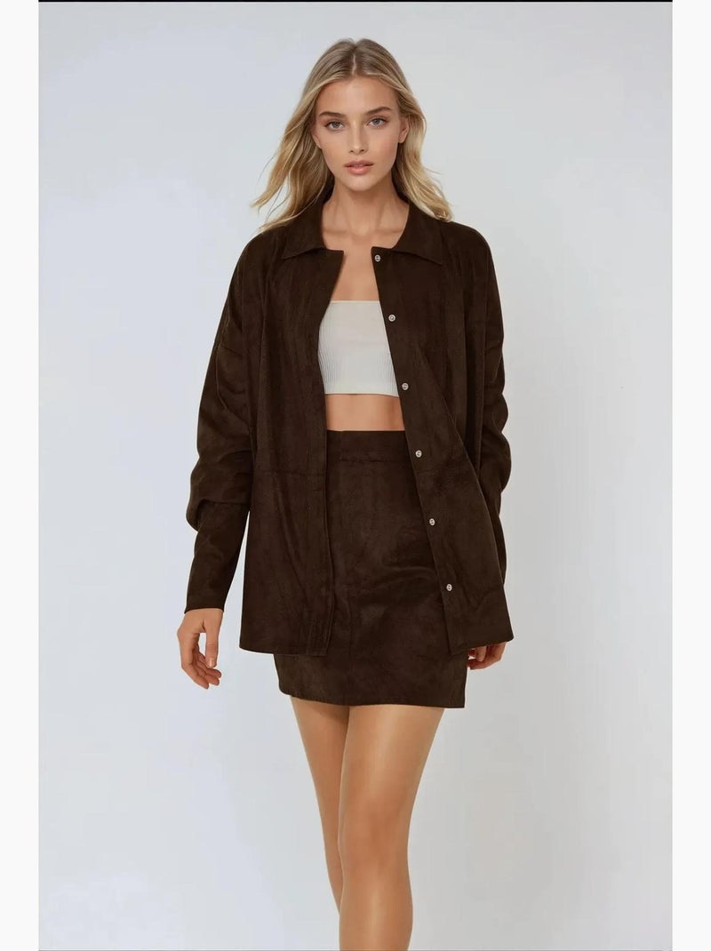 Chemise boutonnée en faux daim hiccup Marron - Kiabi