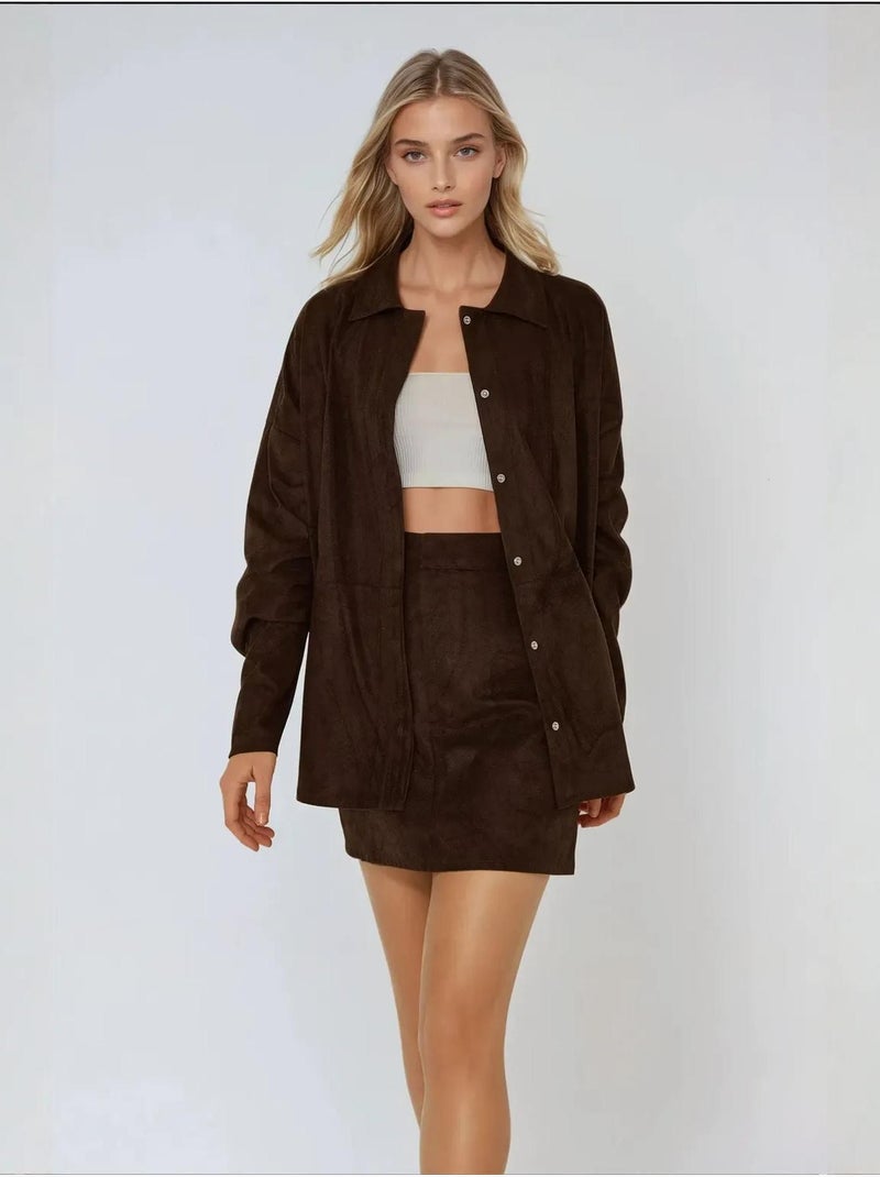 Chemise boutonnée en faux daim Marron - Kiabi