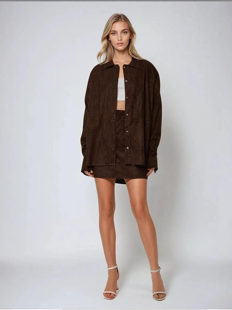 Chemise boutonnée en faux daim Marron - Kiabi