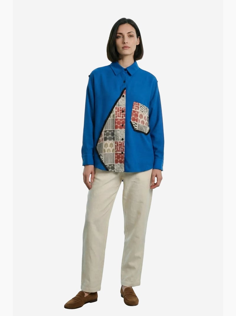 Chemise boutonnée en lin mélangé à imprimé géométrique ma mode my fashion Bleu cobalt - Kiabi