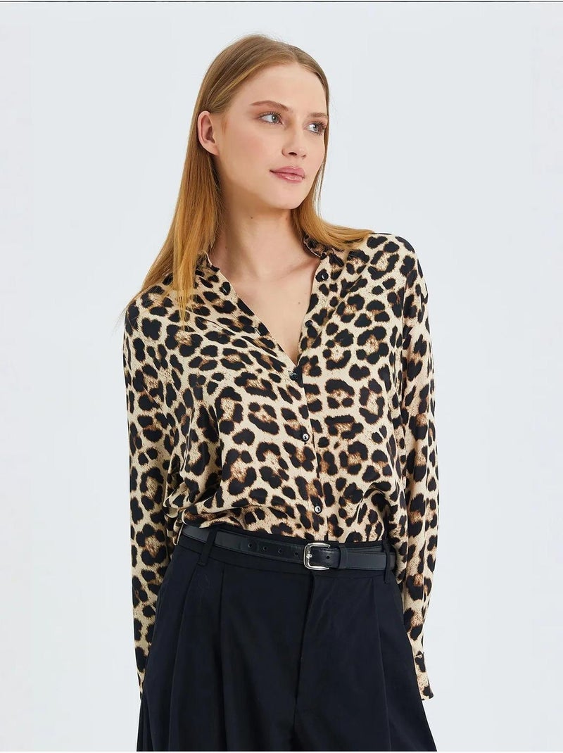 Chemise boutonnée en popeline à imprimé léopard mixray Beige argile - Kiabi