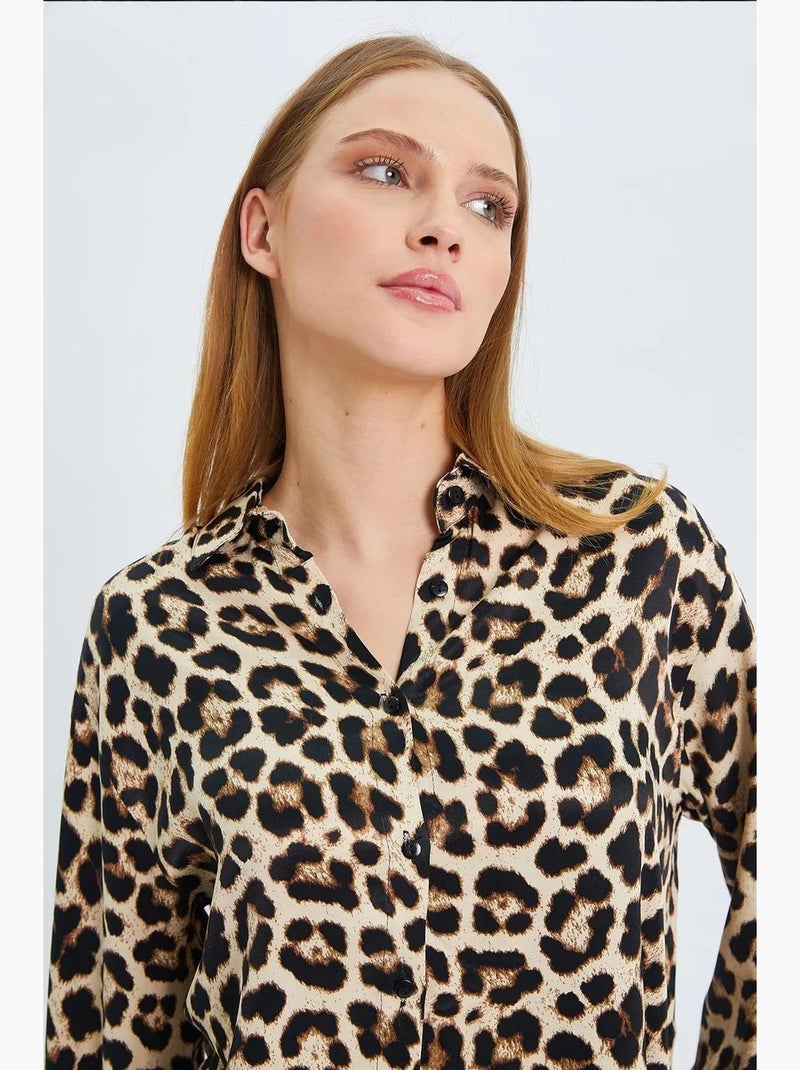 Chemise boutonnée en popeline à imprimé léopard mixray Beige argile - Kiabi