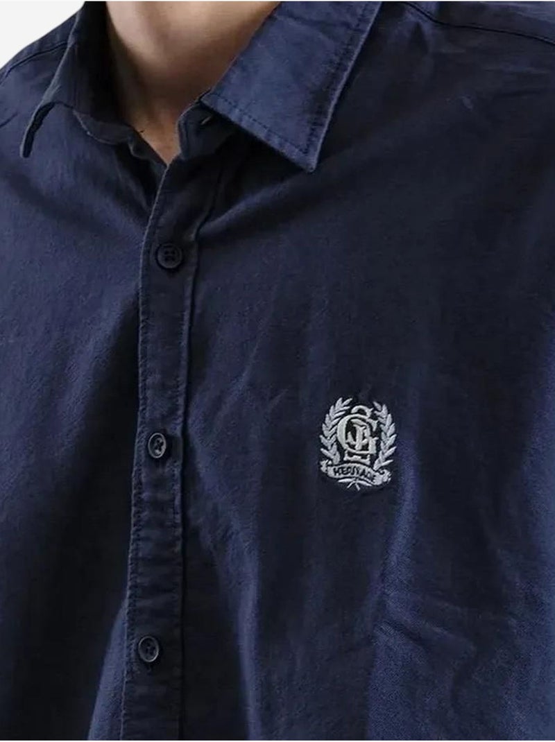 Chemise boutonnée en popeline brodée giesto Bleu marine - Kiabi