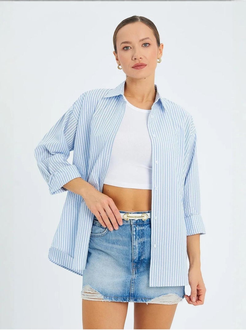 Chemise boutonnée en popeline rayée mixray Bleu clair - Kiabi