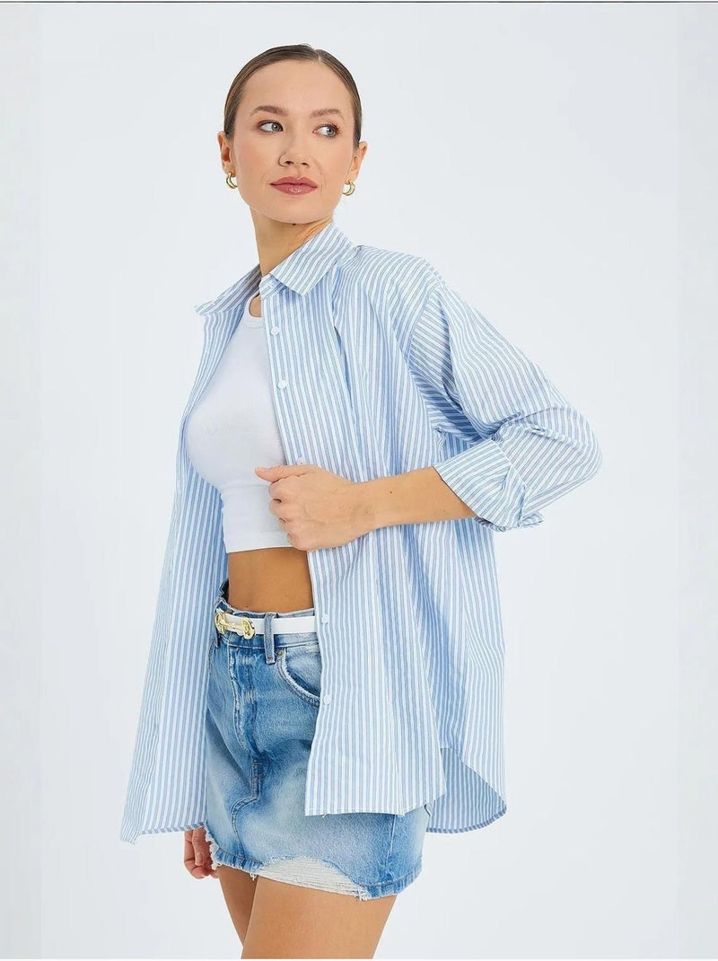 Chemise boutonnée en popeline rayée mixray Bleu clair - Kiabi