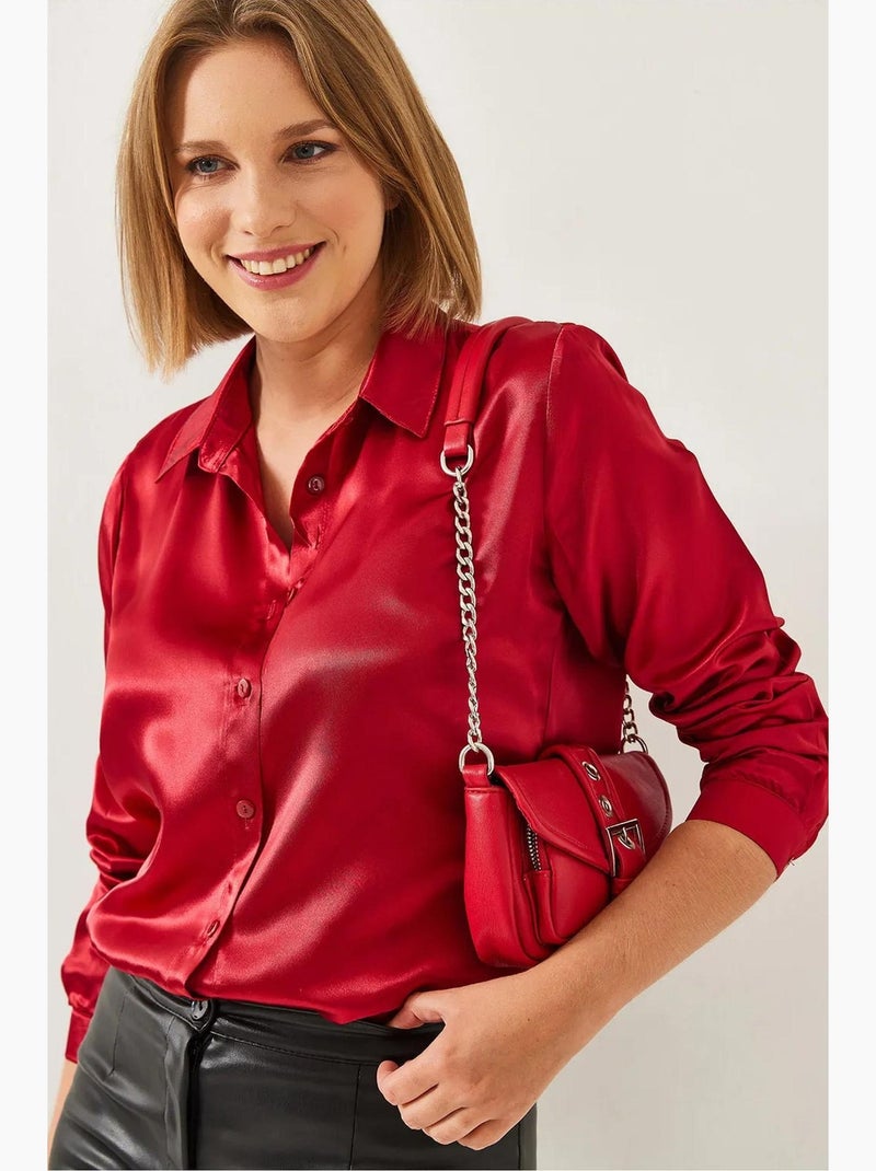Chemise boutonnée en satin à col chemise lucci Rouge - Kiabi