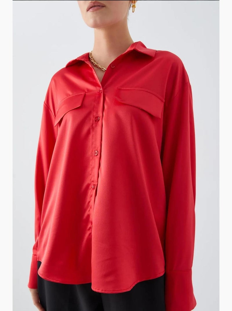 Chemise boutonnée en satin avec détail de poche mixray Rouge - Kiabi
