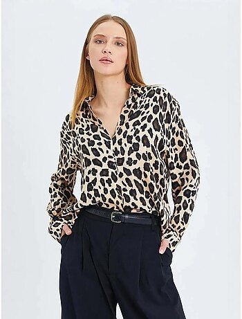 Chemise boutonnée en satin imprimé léopard mixray