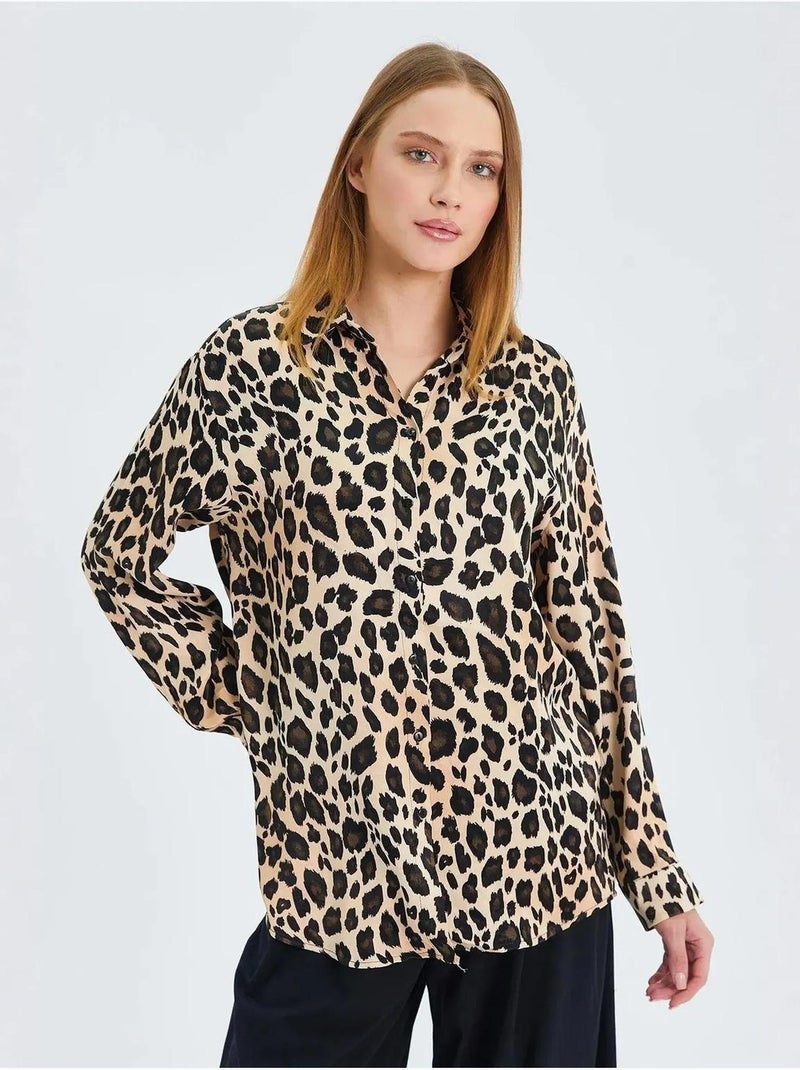 Chemise boutonnée en satin imprimé léopard mixray Beige argile - Kiabi