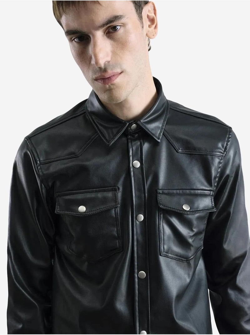 Chemise boutonnée en similicuir avec poche giesto Noir - Kiabi