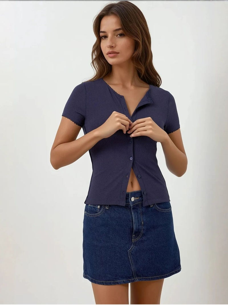 Chemise boutonnée en tricot texturé avec col Bleu marine - Kiabi