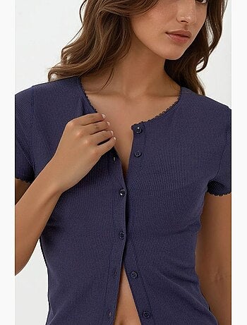 Chemise boutonnée en tricot texturé avec col hiccup