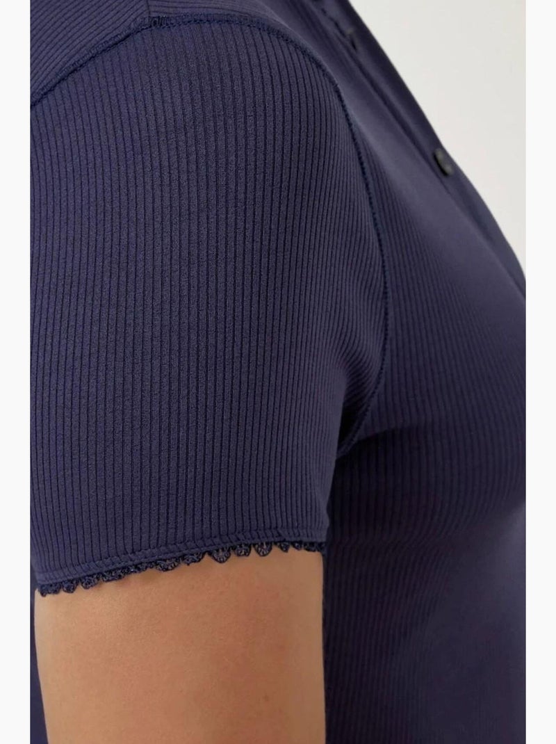 Chemise boutonnée en tricot texturé avec col hiccup Bleu marine - Kiabi