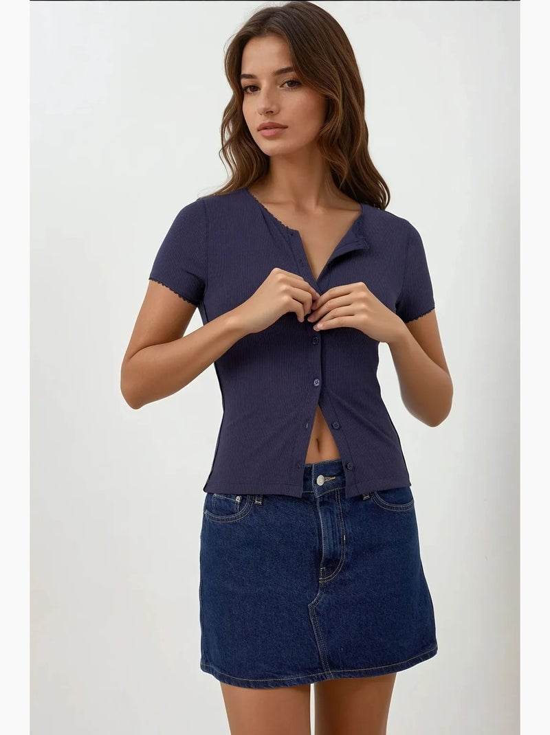 Chemise boutonnée en tricot texturé avec col hiccup Bleu marine - Kiabi