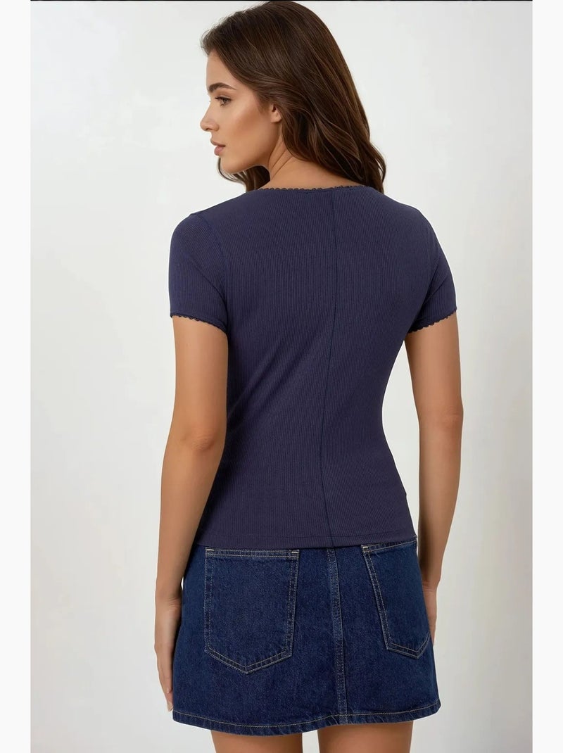 Chemise boutonnée en tricot texturé avec col hiccup Bleu marine - Kiabi