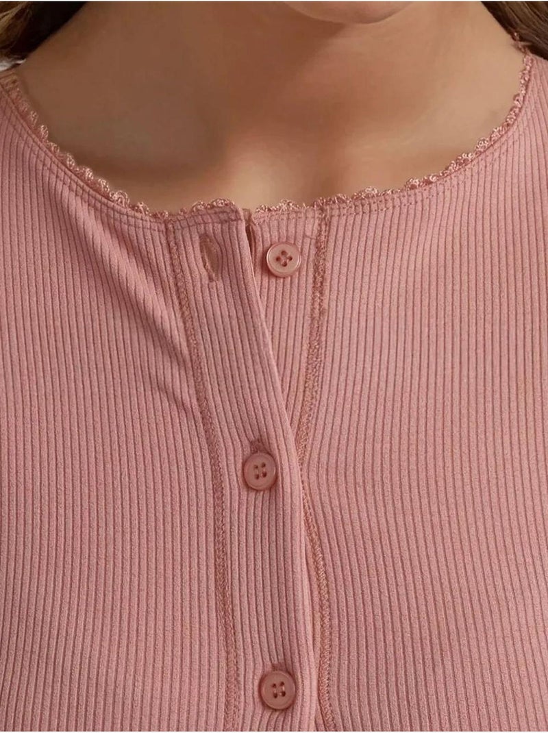 Chemise boutonnée en tricot texturé avec col Rose dragée - Kiabi