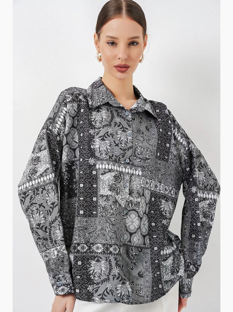 Chemise boutonnée oversize à imprimé cachemire bdart Gris Noir - Kiabi