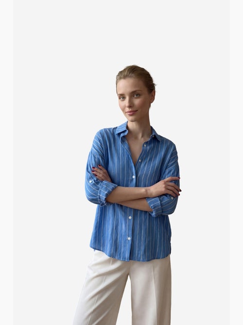 Chemise boutonnée rayée en popeline my fashion - Kiabi Chemise boutonnée rayée en popeline my fashion - Kiabi