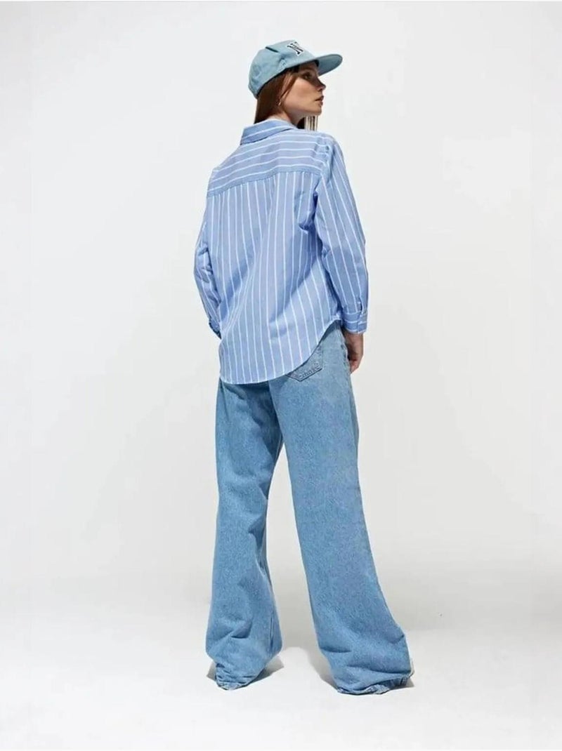 Chemise boutonnée surdimensionnée à rayures avec poche mixray Bleu clair - Kiabi