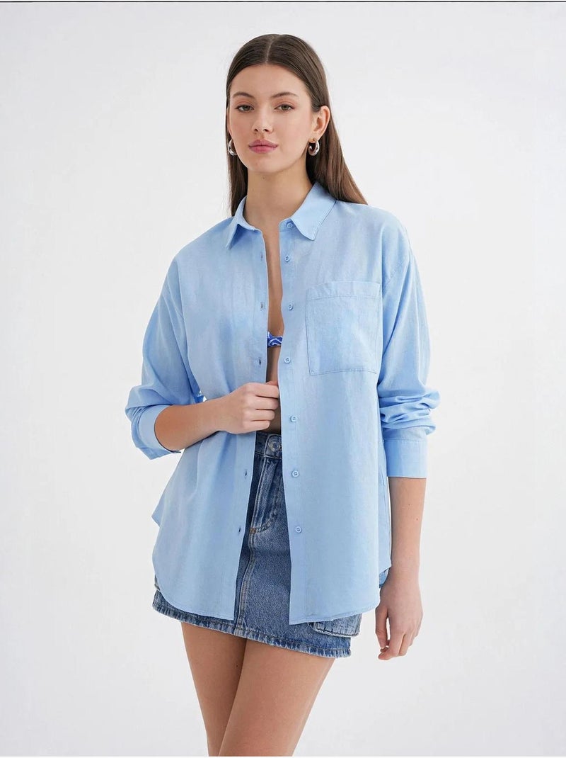 Chemise boutonnée surdimensionnée en lin mélangé avec poche mixray Bleu ciel - Kiabi