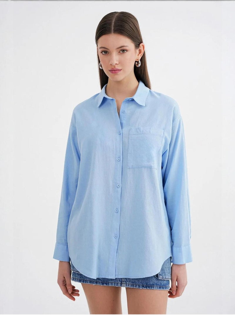 Chemise boutonnée surdimensionnée en lin mélangé avec poche mixray Bleu ciel - Kiabi