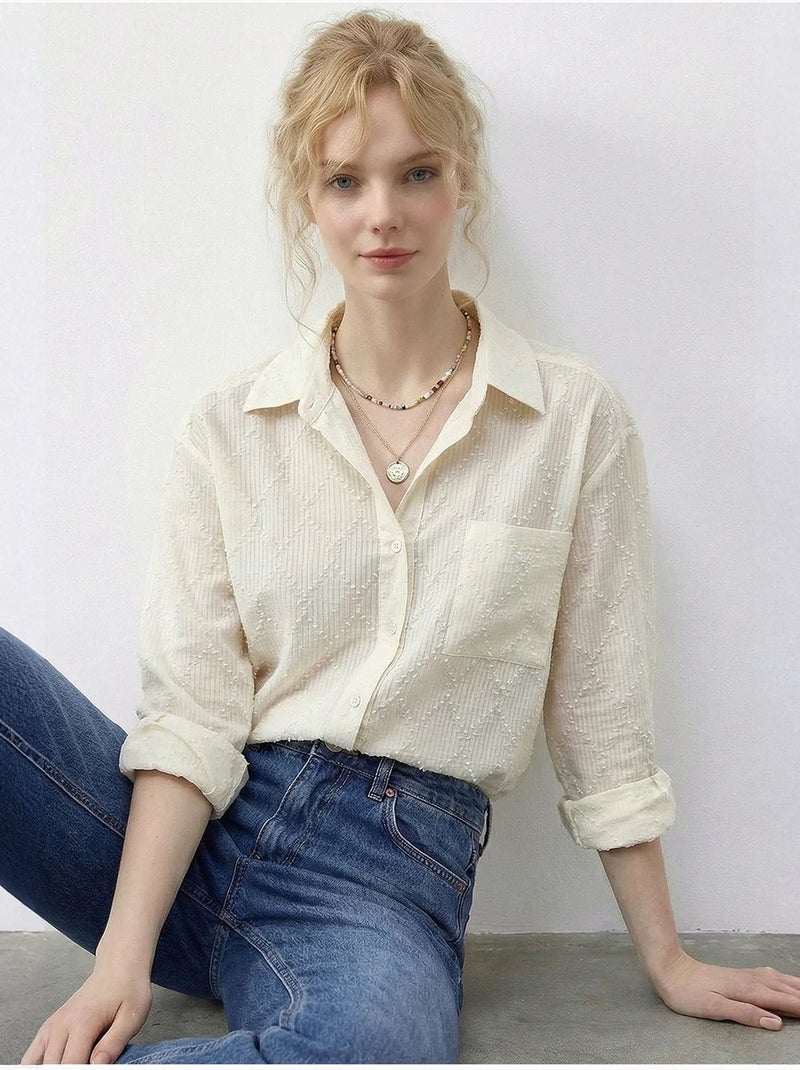 Chemise boutonnée texturée à coupe décontractée lucci Crème - Kiabi