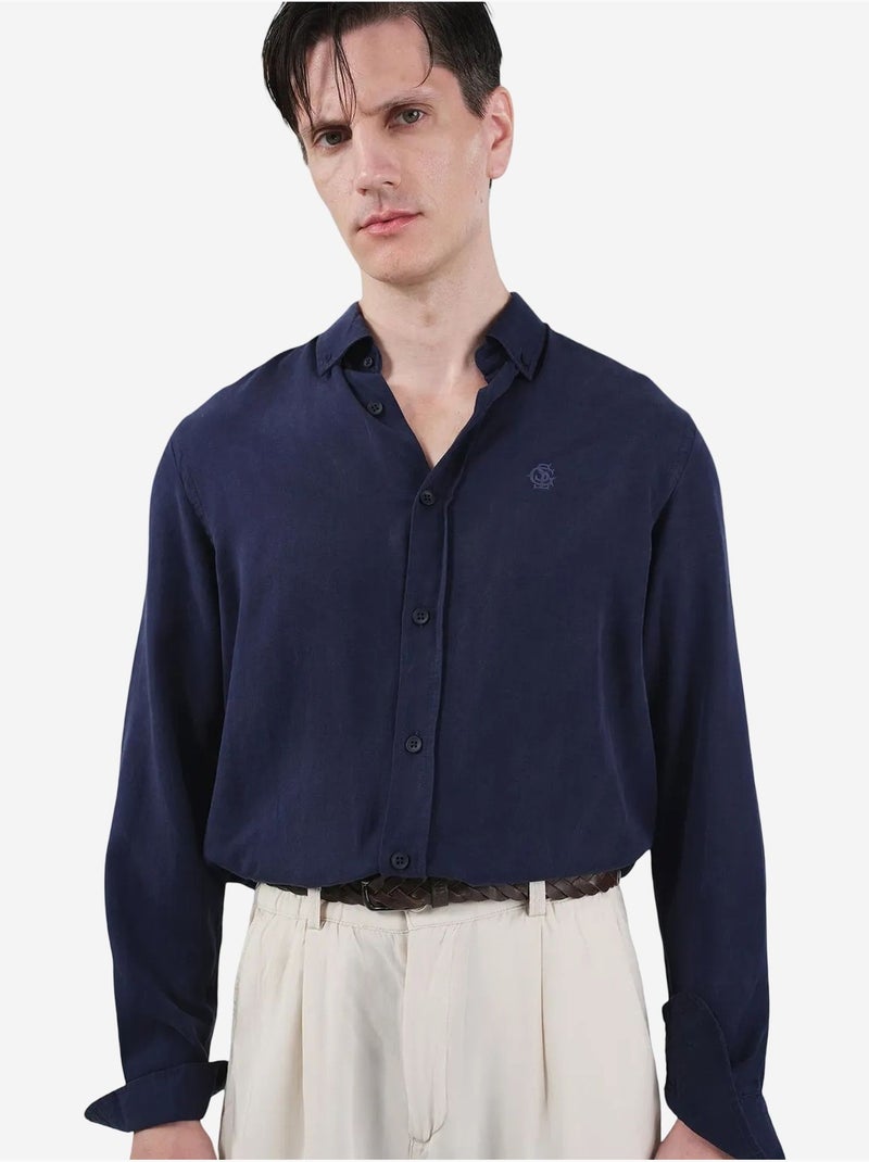 Chemise boutonnée unie en tencel pour homme giesto Bleu marine - Kiabi