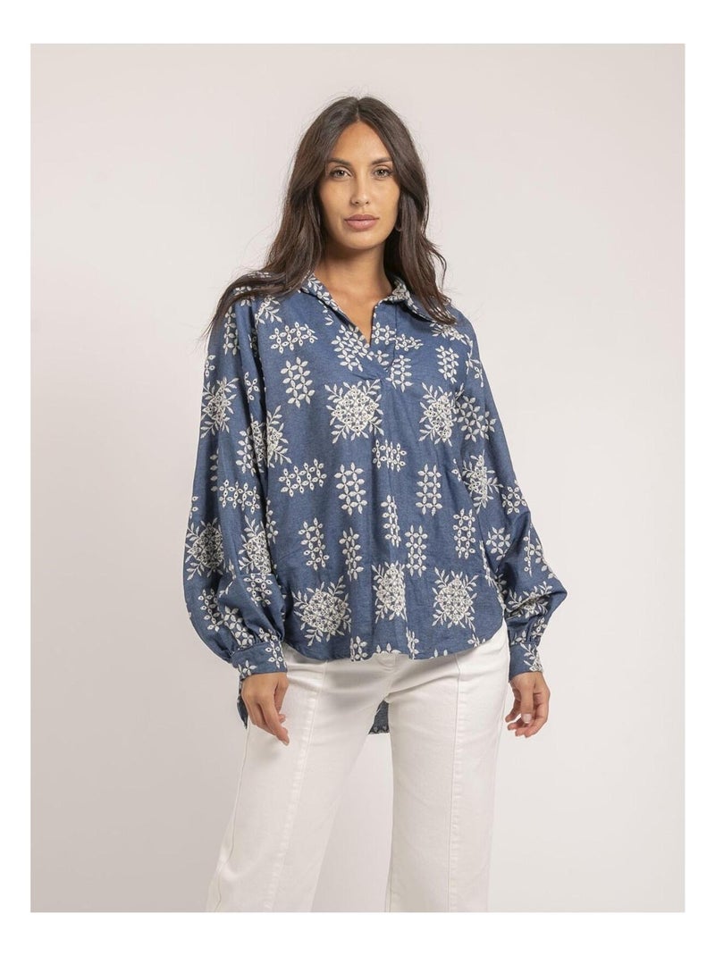 Chemise broderies anglaises FULYA Bleu - Kiabi