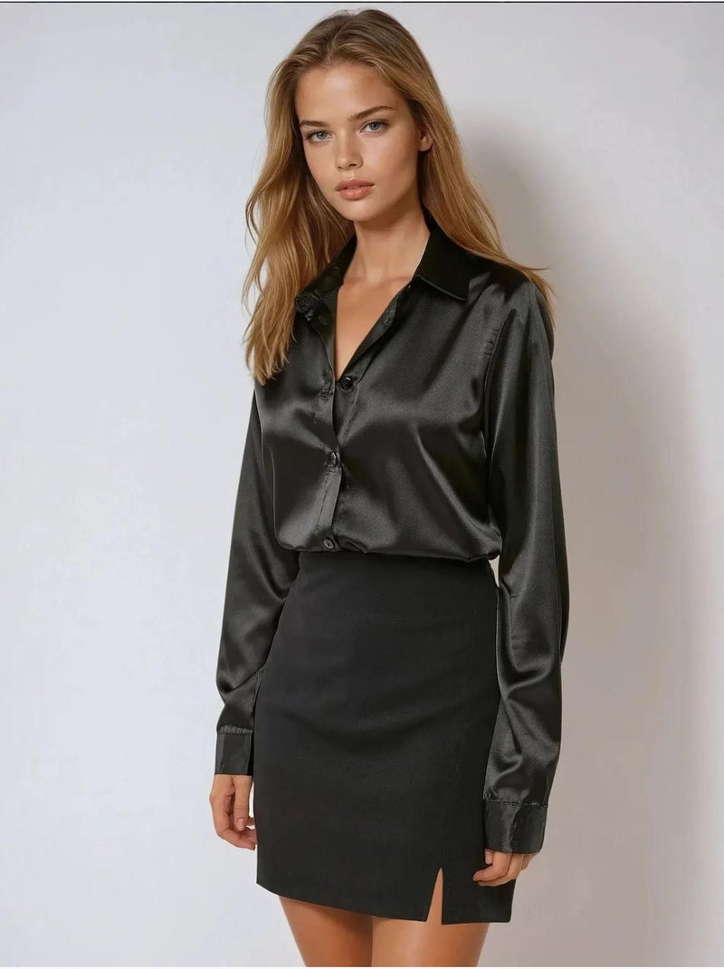 Chemise classique en satin Noir - Kiabi